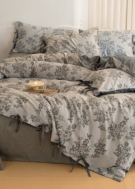 Bonnie Ribbon Bow Tie Floral Bedding Set / Light Gray