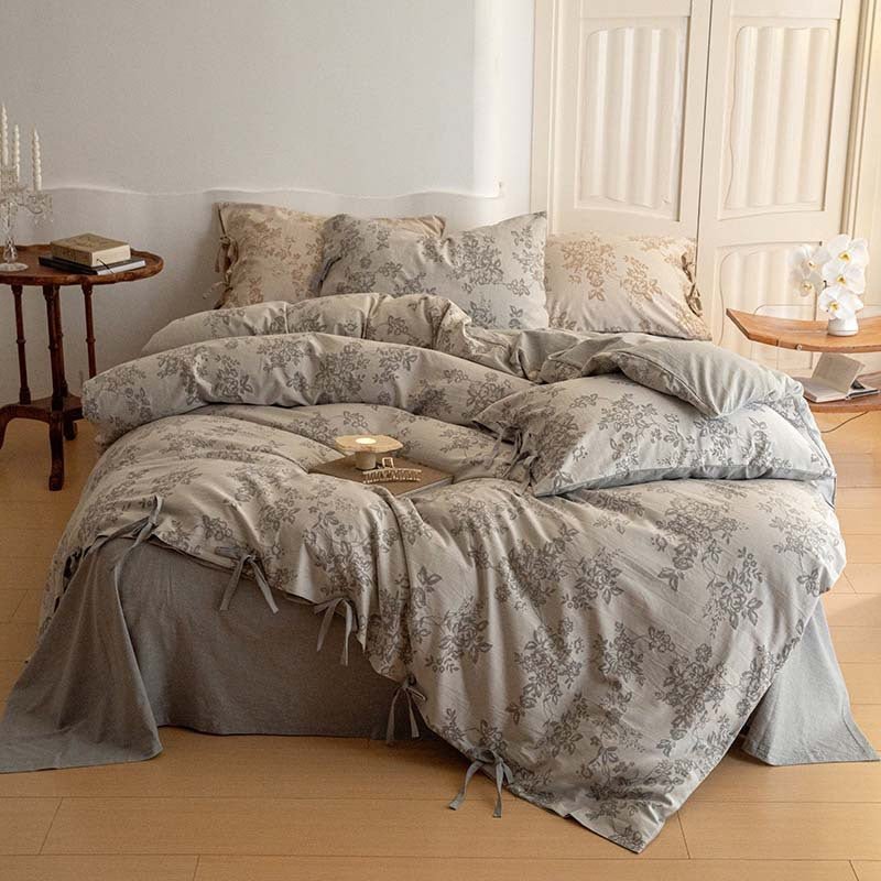 Bonnie Ribbon Bow Tie Floral Bedding Set / Light Gray