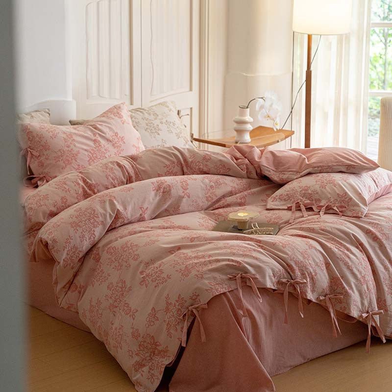 Bonnie Ribbon Bow Tie Floral Bedding Set / Dark Gray