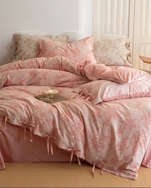 Bonnie Ribbon Bow Tie Floral Bedding Set / Light Gray