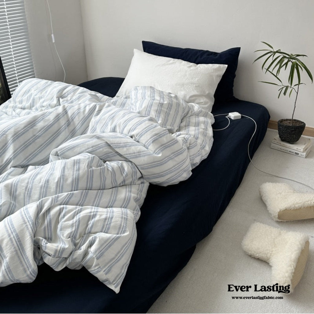 Breezy Stripe Washed Cotton Blue Bedding Set