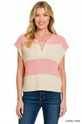 Zenana Split Neck Sleeveless Stripe Sweater
