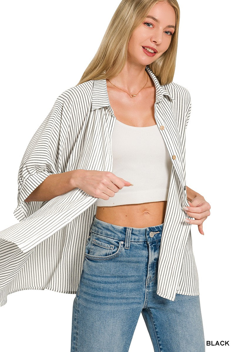 Zenana Full Size Woven Stripe Button Down Boxy Shirt Plus Size