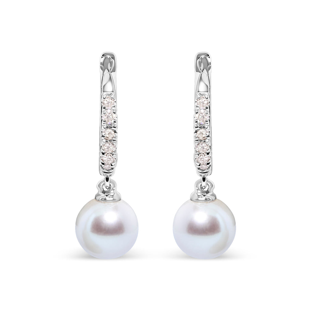 10K White Gold 6x6 MM Cultured Freshwater Pearl and Diamond Accent Drop Huggy Earring (H-I Color, I1-I2 Clarity)