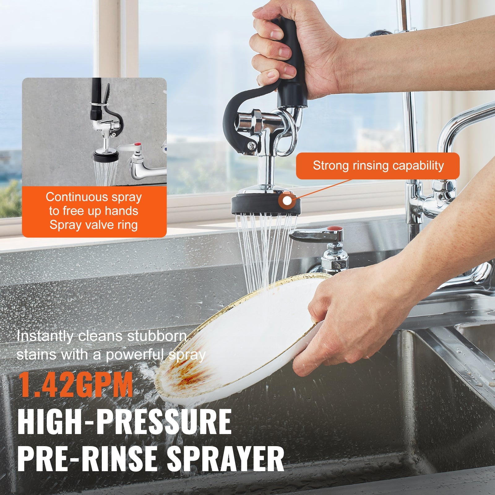 Commercial Faucet with Pre-Rinse Sprayer, 44' Height, 8' Center, 12' Swing Spout, Wall Mount Kitchen Sink Faucet, Brass Constructed Device with Pull Down Spray, for 1/2/3 Compartment Sink