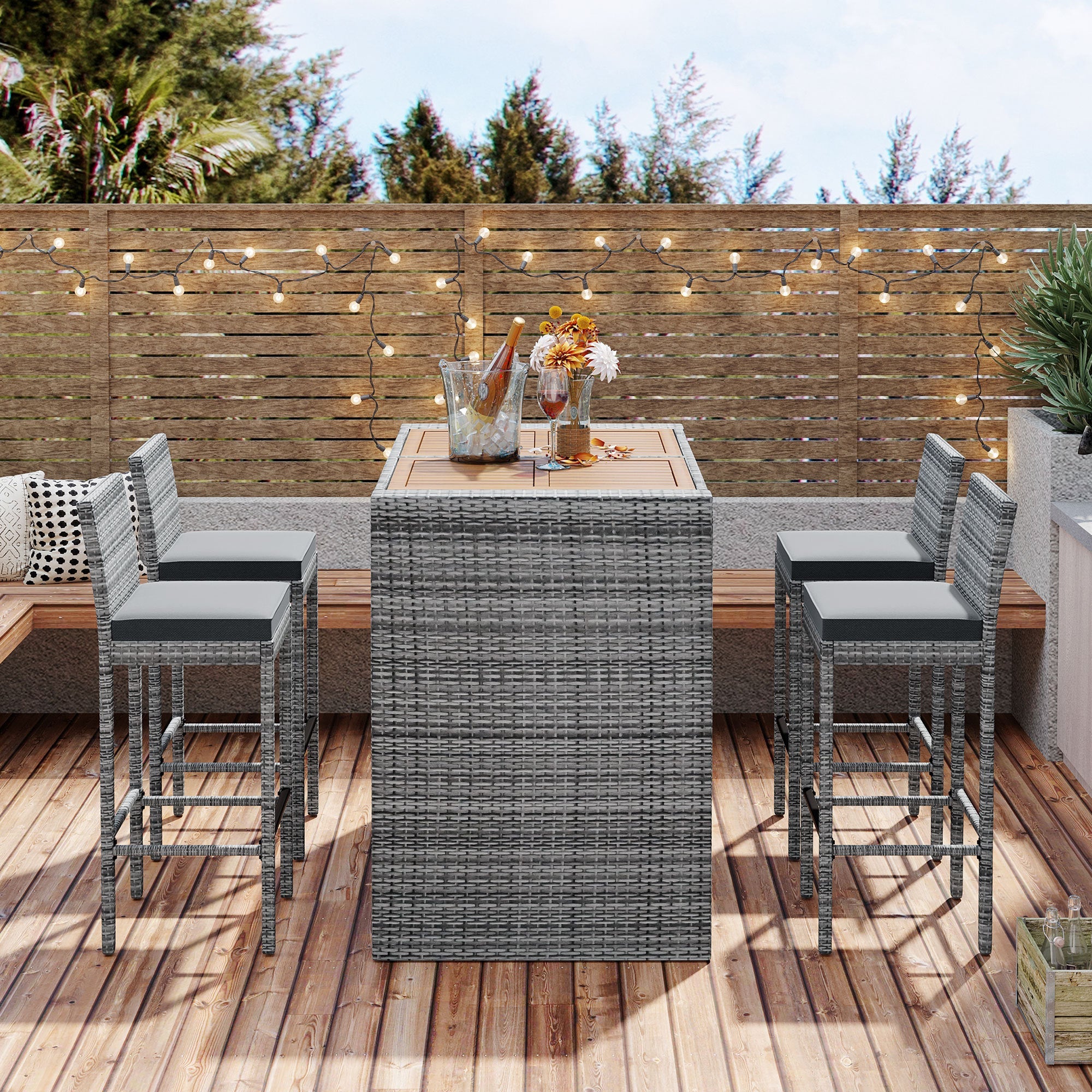 5-piece Outdoor Patio Wicker Bar Set, Bar Height Chairs With Non-Slip Feet And Fixed Rope, Removable Cushion, Acacia Wood Table Top, Brown Wood And Gray Wicker