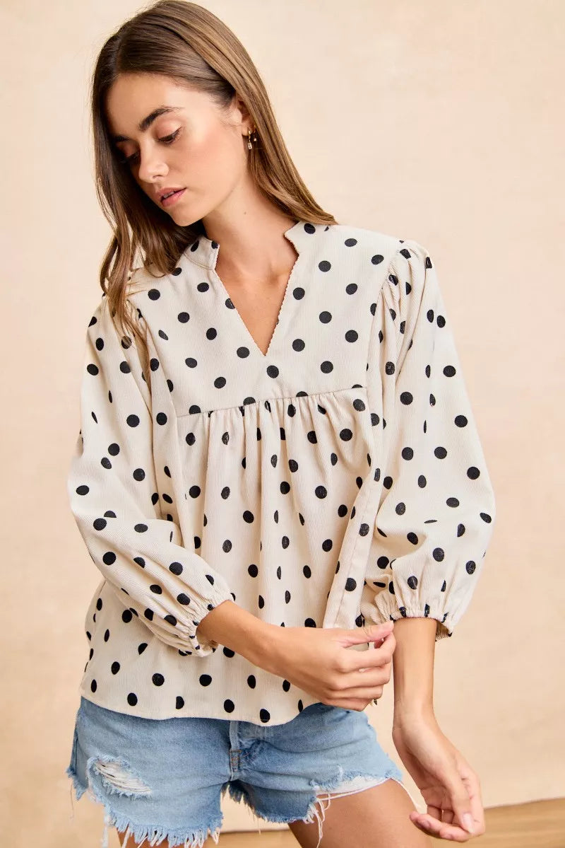 BiBi Polka Dot Corduroy Quarter Sleeves V Neck Blouse
