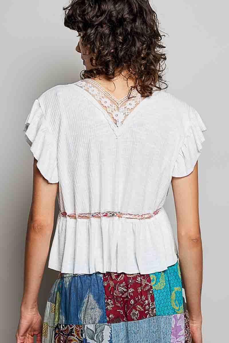 POL Tied Ruffled V-Neck Short Sleeve Blouse with Lace Detail