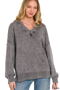 Zenana Washed Deep V-neck Oversized Sweater