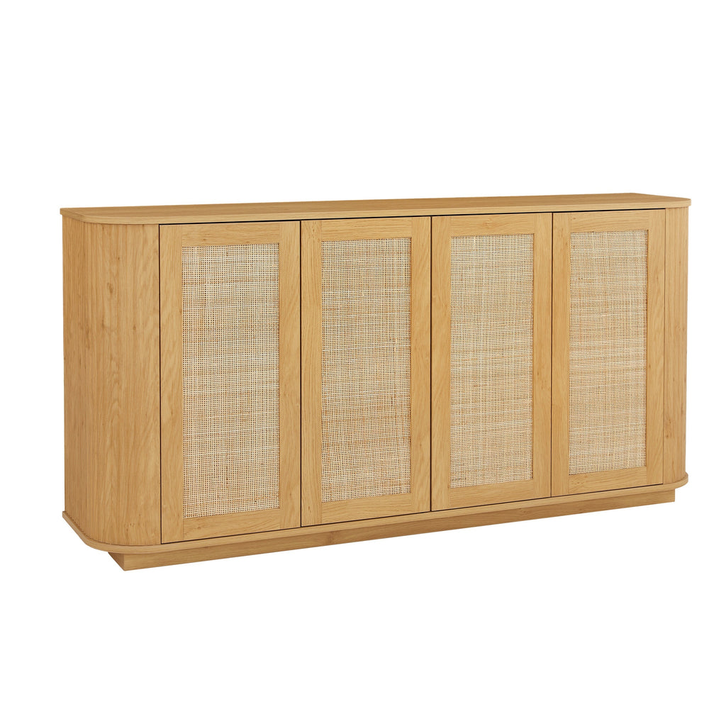 Contemporary Wave Shaped 64-Inch TV Stand with Rattan Doors in Natural Wood Finish