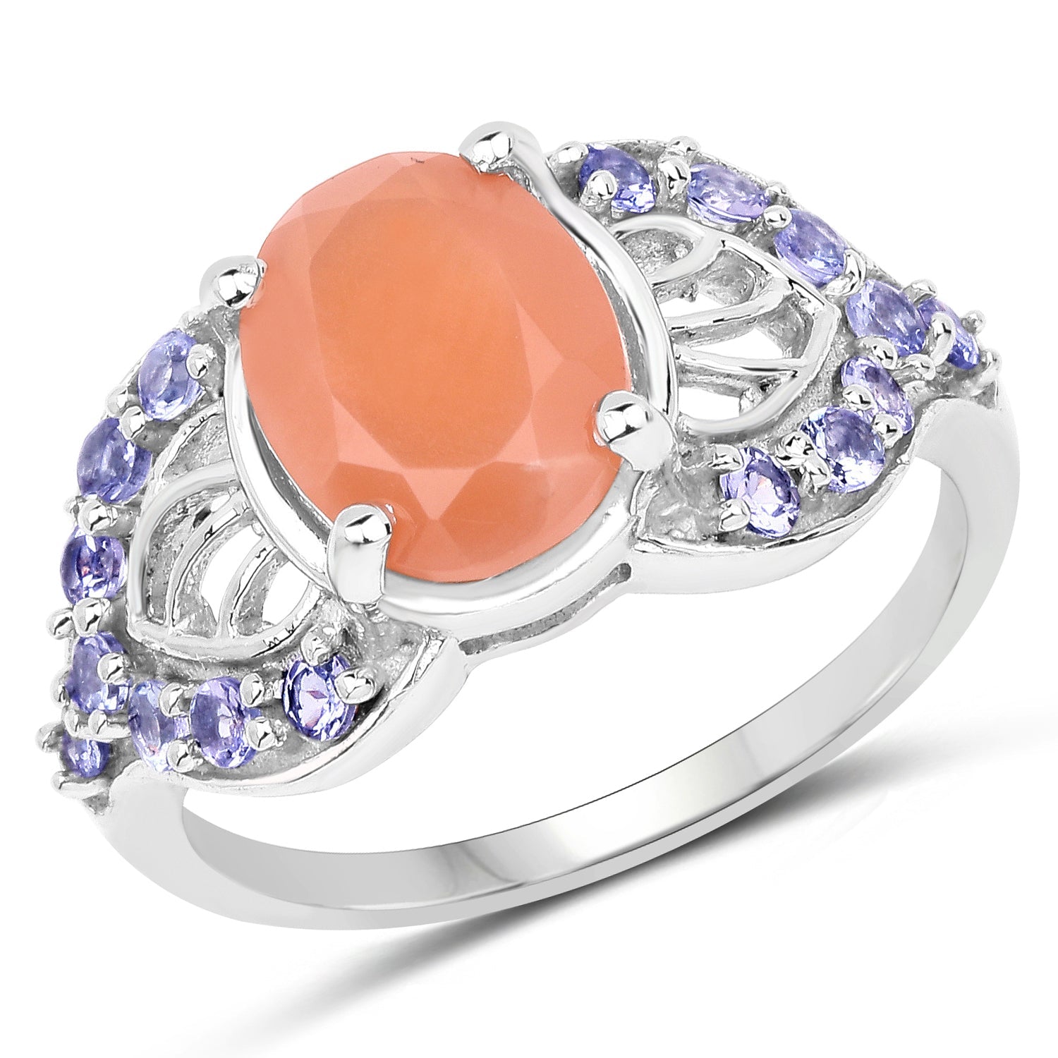 3.06 Carat Genuine Peach Moonstone and Tanzanite .925 Sterling Silver Ring