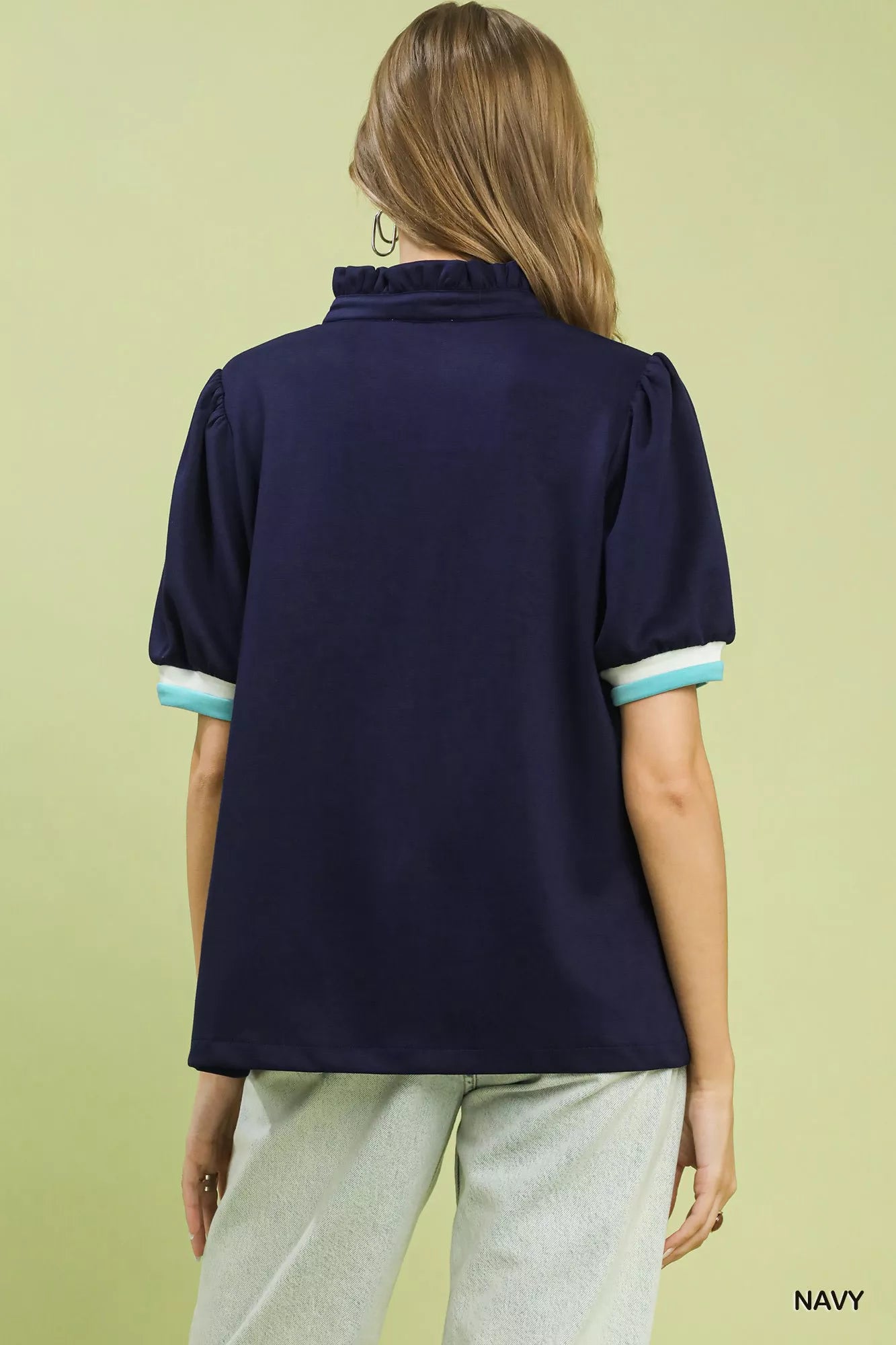 Umgee Luxe knit Contrast Trim Puff Sleeve Top