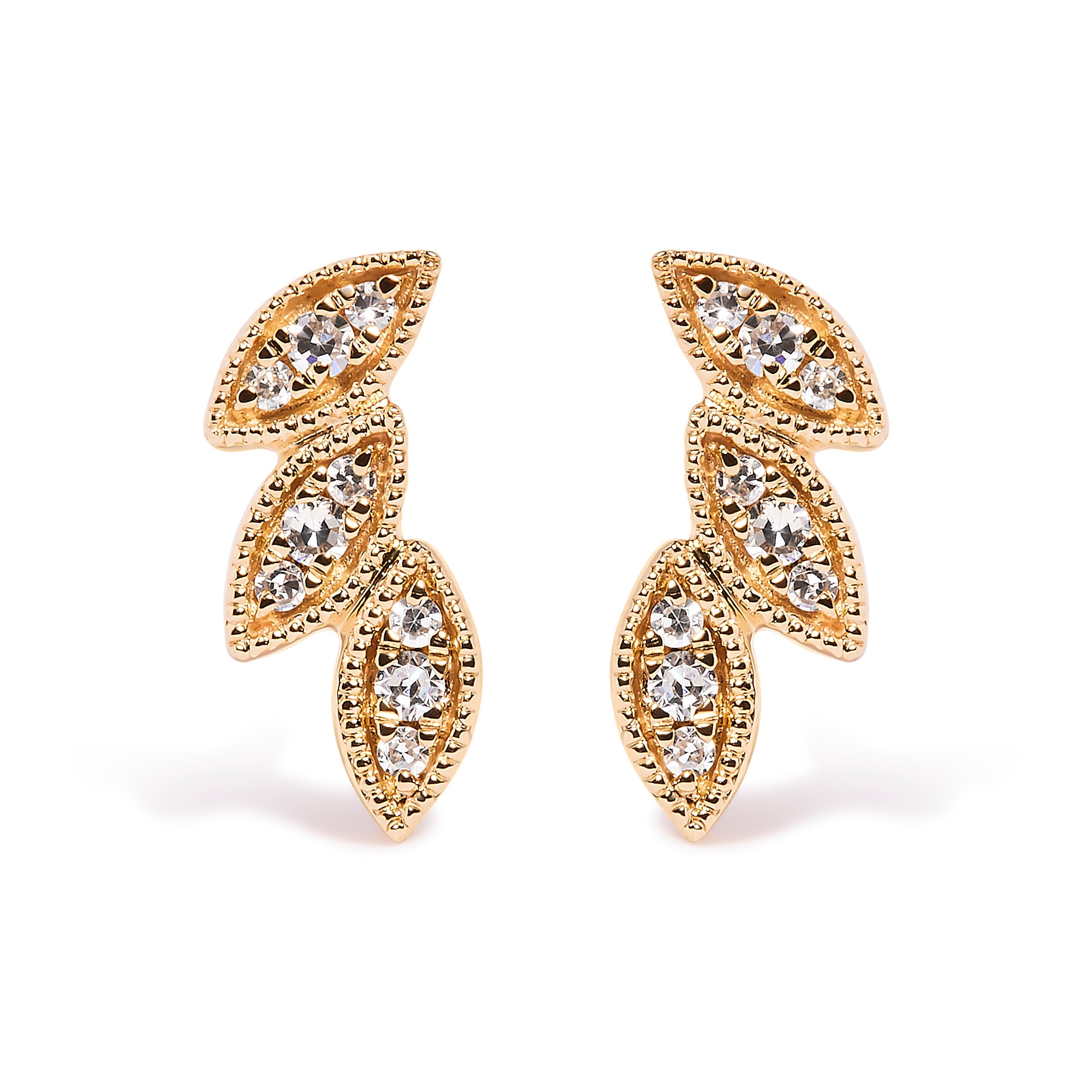 10K Yellow Gold 1/10 Cttw Diamond Triple Leaf Stud Earring (H-I Color, I1-I2 Clarity)