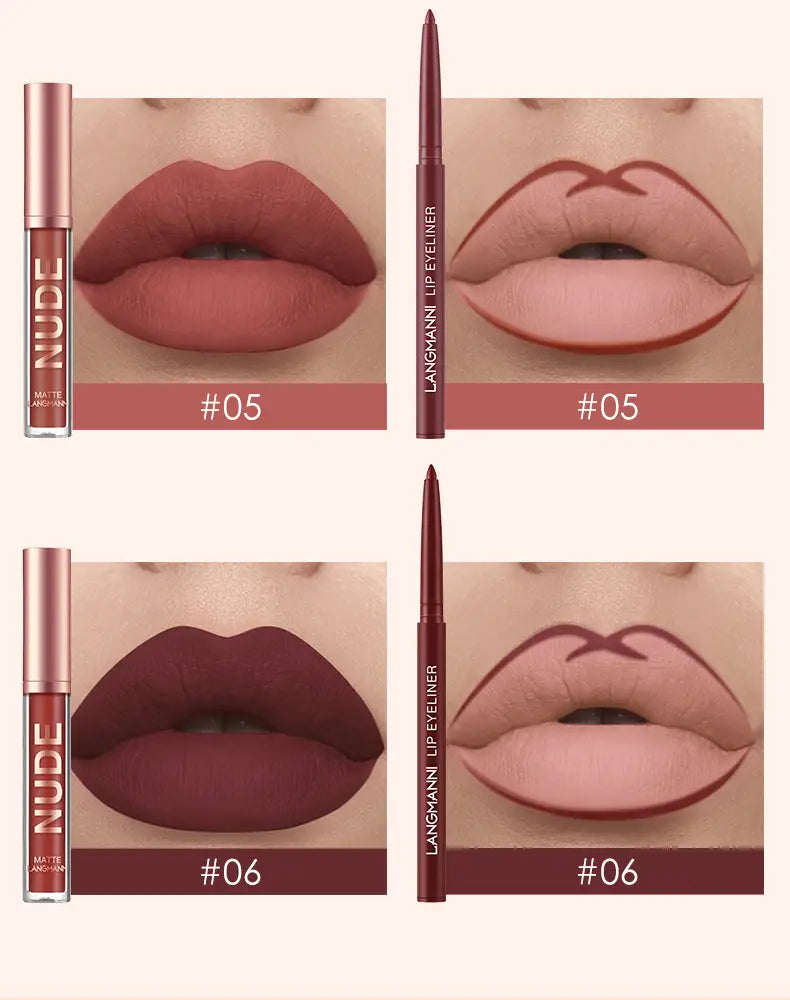 6 Color 2 In 1 Lip Liner & Gloss Set - Matte Finish
