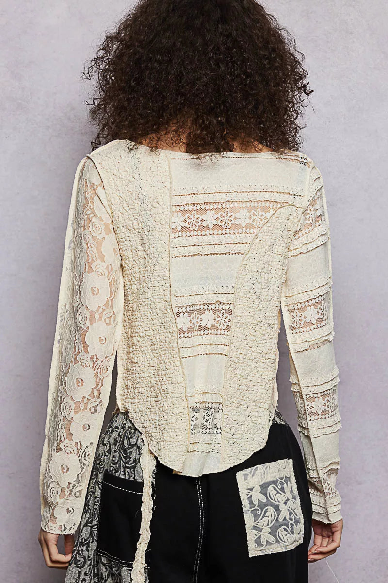 POL Round Neck Long Sleeve Exposed Seam Top with Lace Detail