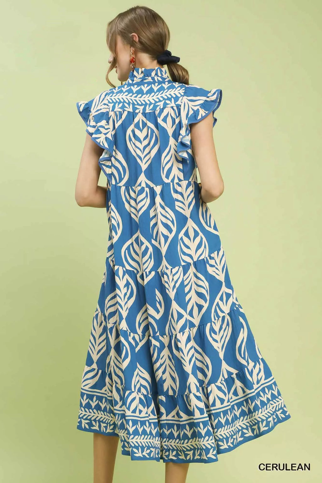 Umgee Leaf Print Tiered Midi Dress with Pockets