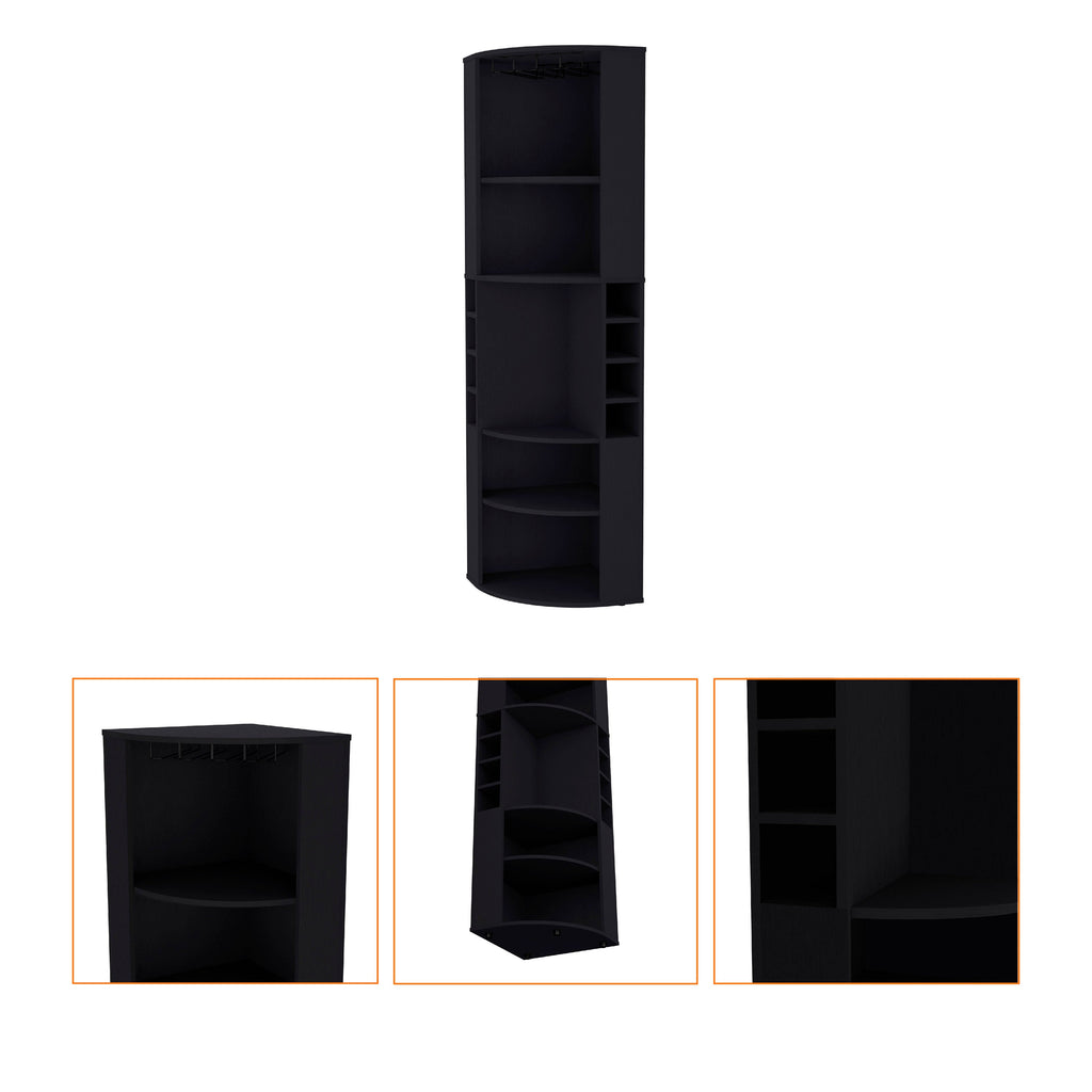 FM FURNITURE Clifton Corner Bar Cabinet, with 5 shelves,Cup Hanger and Eight Built-in Wine Rack, Black
