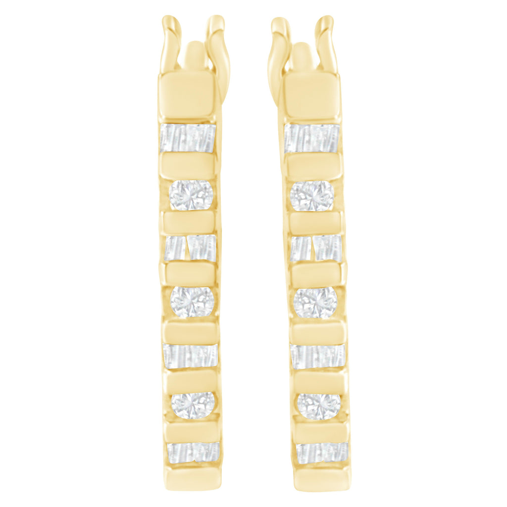 10K Yellow Gold Round and Baguette Cut Diamond Oblong Hinged Leverback Hoop Earrings (Â¼ Cttw, I-J Color, I2-I3 Clarity)