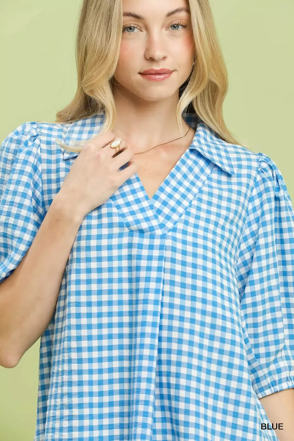 Umgee Gingham Puff Sleeve Collared Blouse