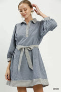 Umgee Striped Contrast Belted Puff Sleeve Mini Dress