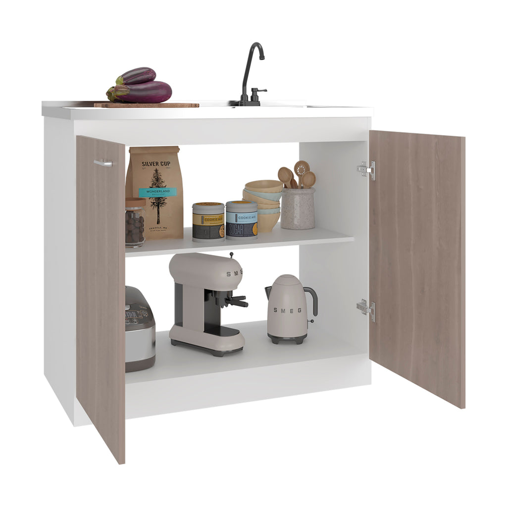 Salento Freestanding Sink, Double Door Cabinet, Two Shelves, White / Ligth Grey