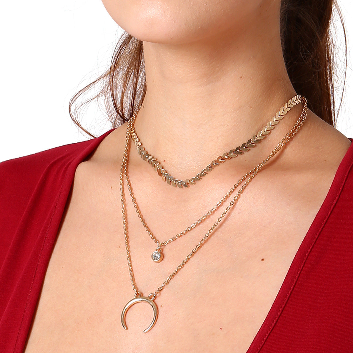 Crescent Moon Necklace with Alloy Pendant and Rhinestones