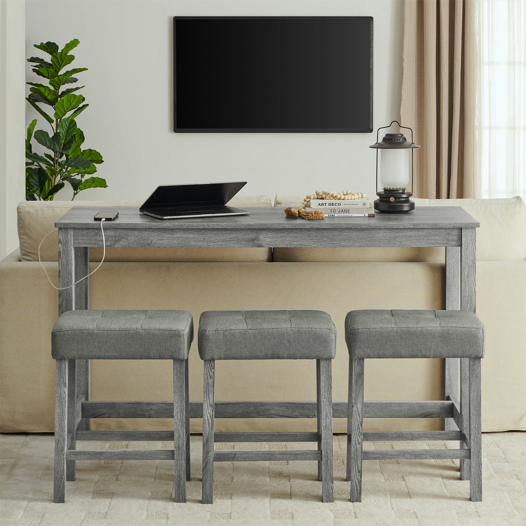 59 Inch Bar Table, Dining Table, Sofa Table with Power Outlet, 3 Upholstered Stools, 4 Piece Bar Table and Chair Set for Living Room, Dining Room, Kitchen