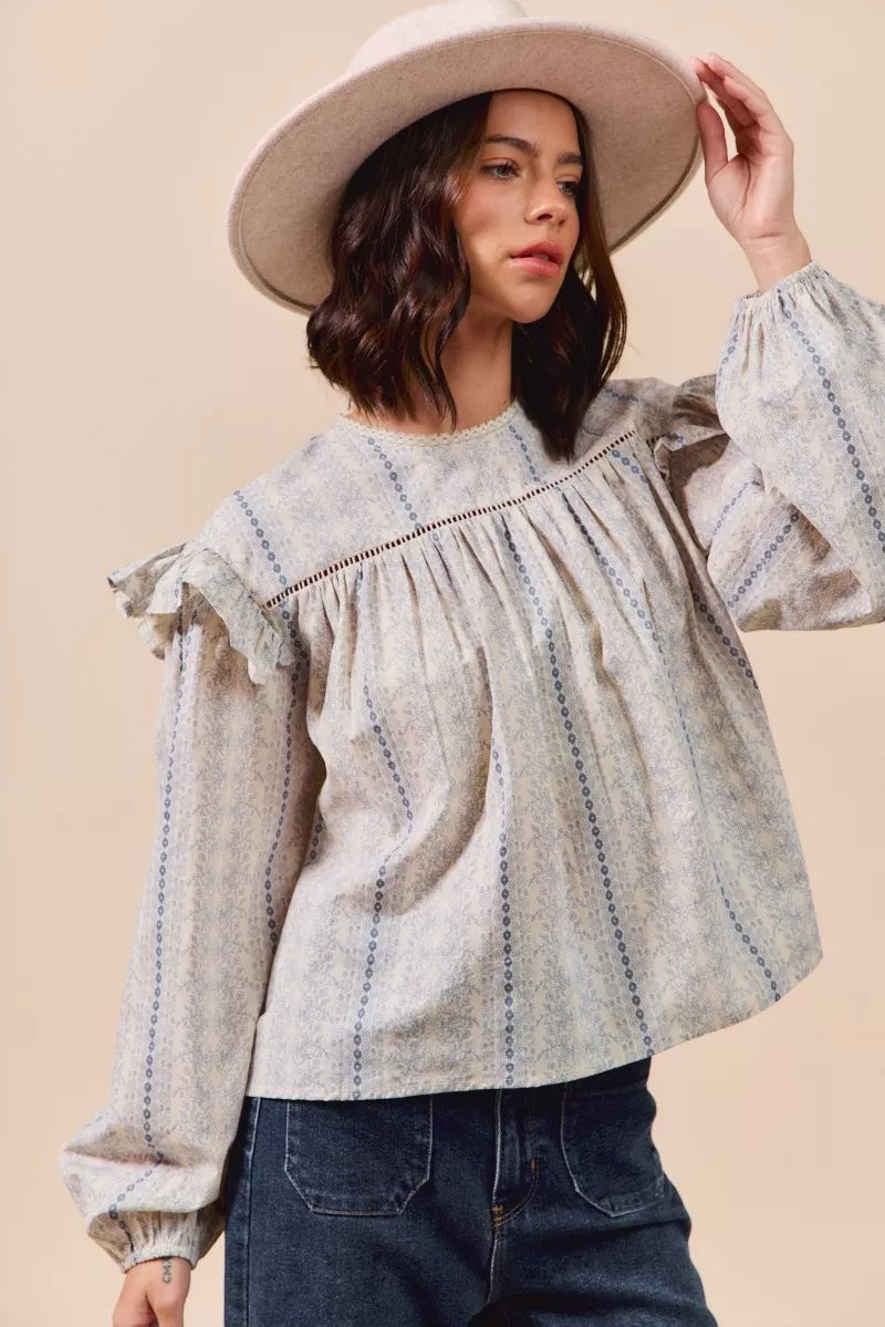 SO ME Floral Cotton Print Ruffled Long Sleeve Blouse