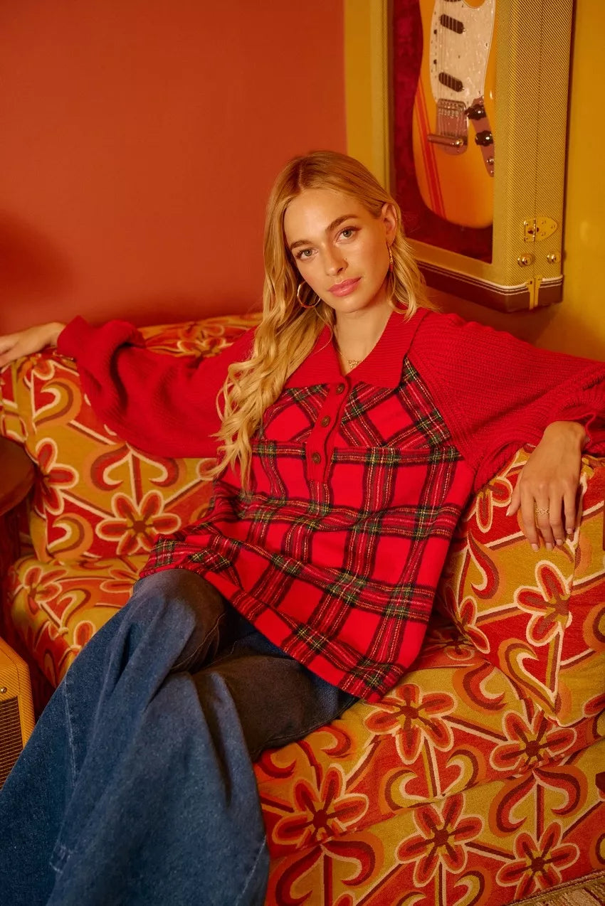 BiBi Plaid Buttoned Collared Top with Sweater Sleeve