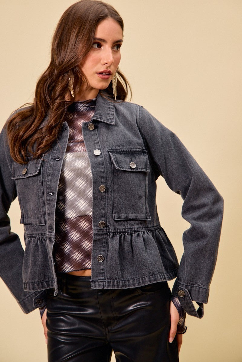 SO ME Denim Peplum Hem Front Button Jacket With Pockets
