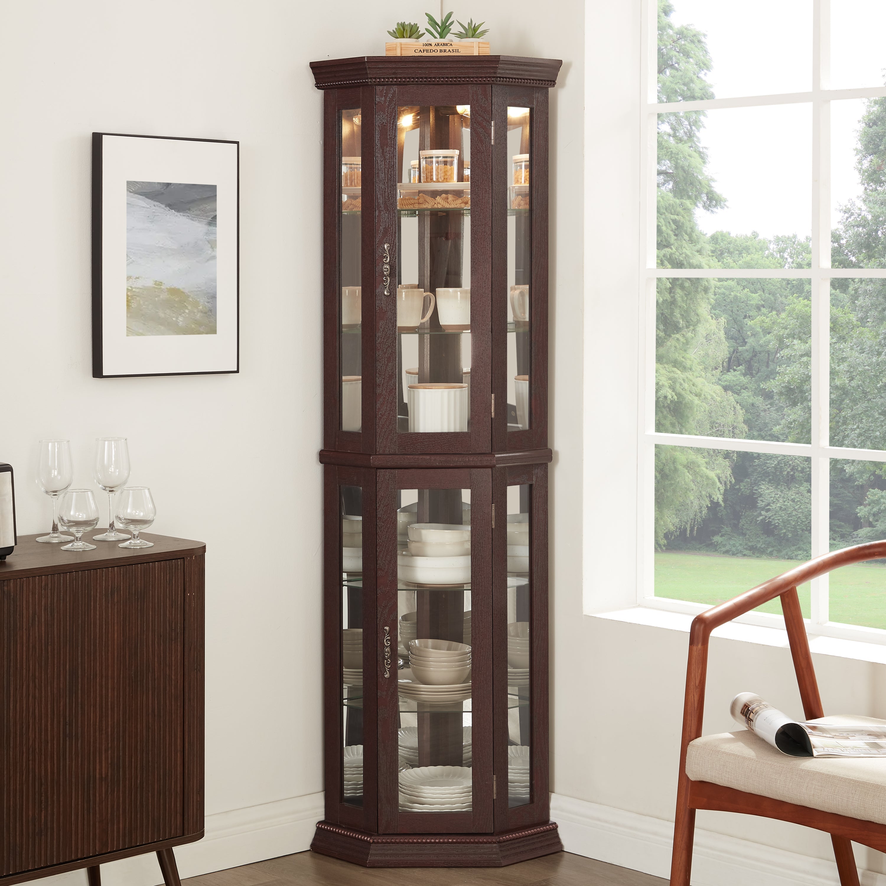 Lighted Corner Curio Cabinet - Glass Display Shelf with Tempered Glass Doors, Adjustable Shelving, and Included Bead Bulb - Ideal Bar Cabinet for Home Decor- DARK CHERRY