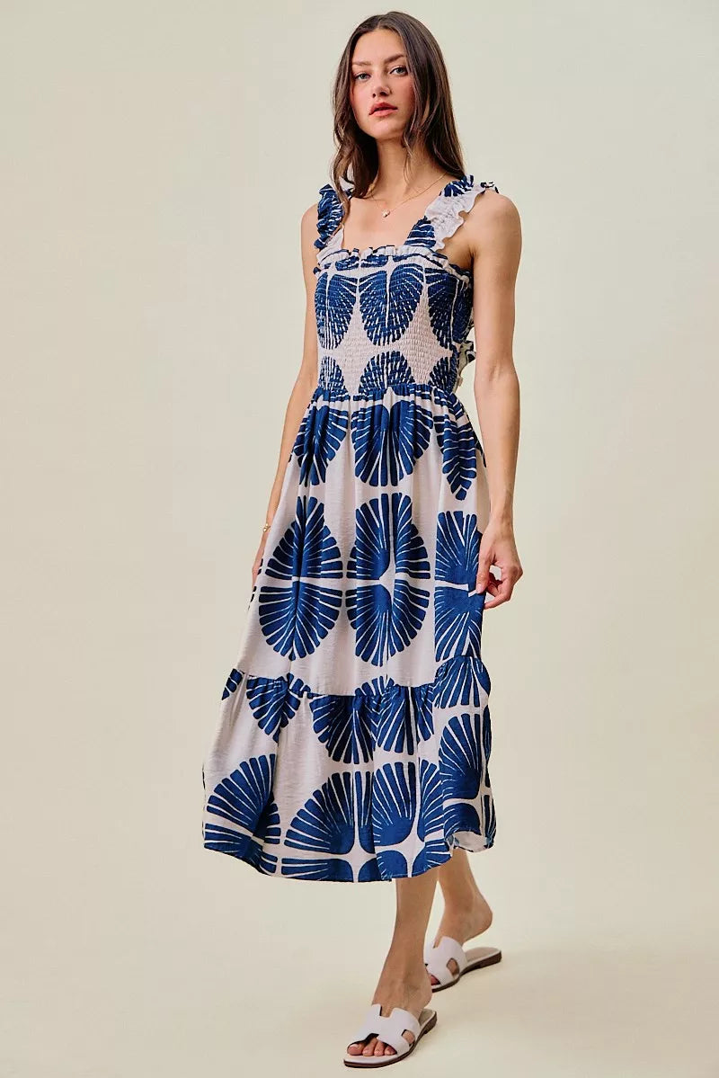SO ME Abstract Print Smocked Bodice Tiered Lined Midi Dress