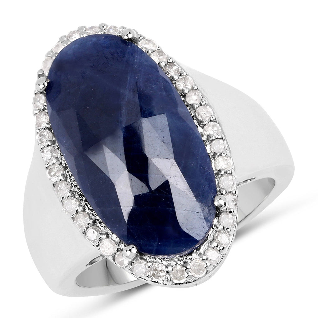 9.83 Carat Genuine Blue Sapphire and White Diamond .925 Sterling Silver Ring