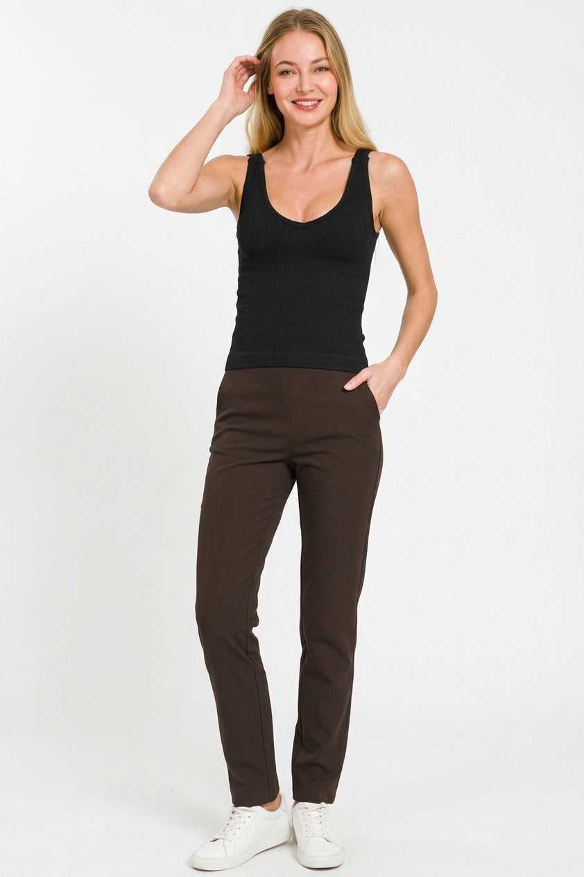 Zenana Ribbed Seamless Bra Padded V-neck Tank Top