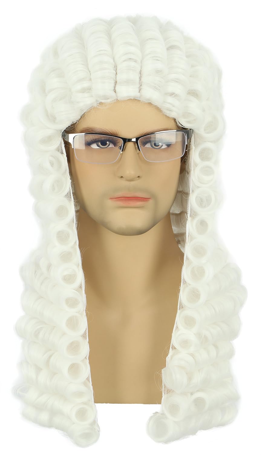 yuehong Long Curly White Wig Barrister Wig Judge Wig Gentleman Lawyer Wig Heat Resistant Synthetic Fibers Wig Soft Durable Breathable Wig