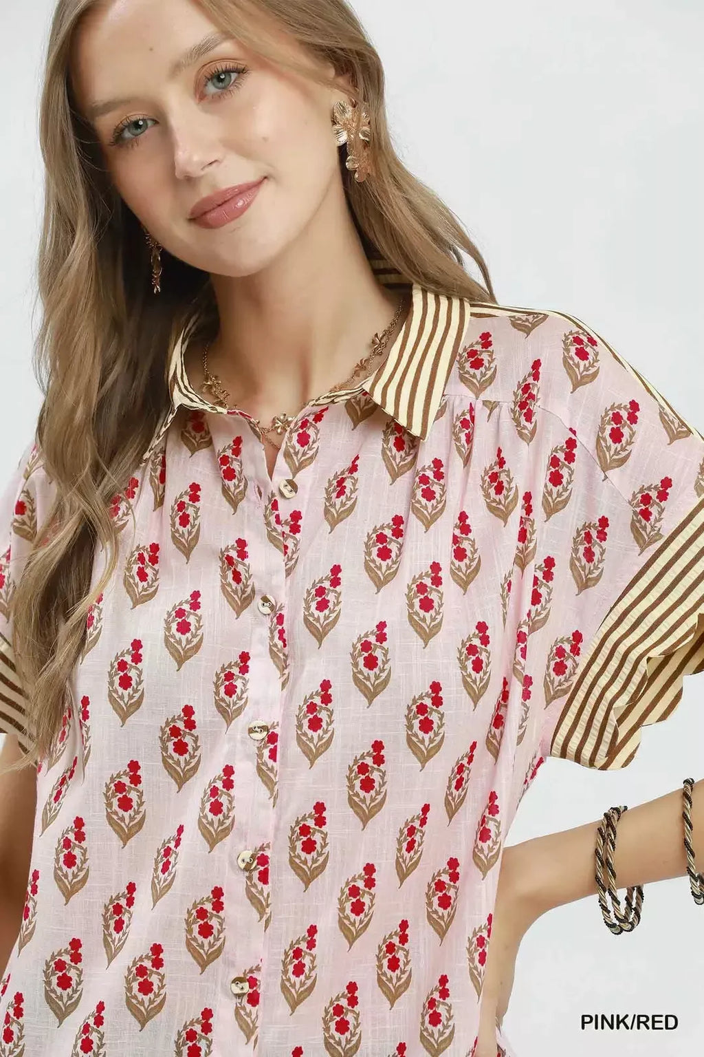 Umgee Block Print Button-Front Shirt with Contrast Stripe Point Collar