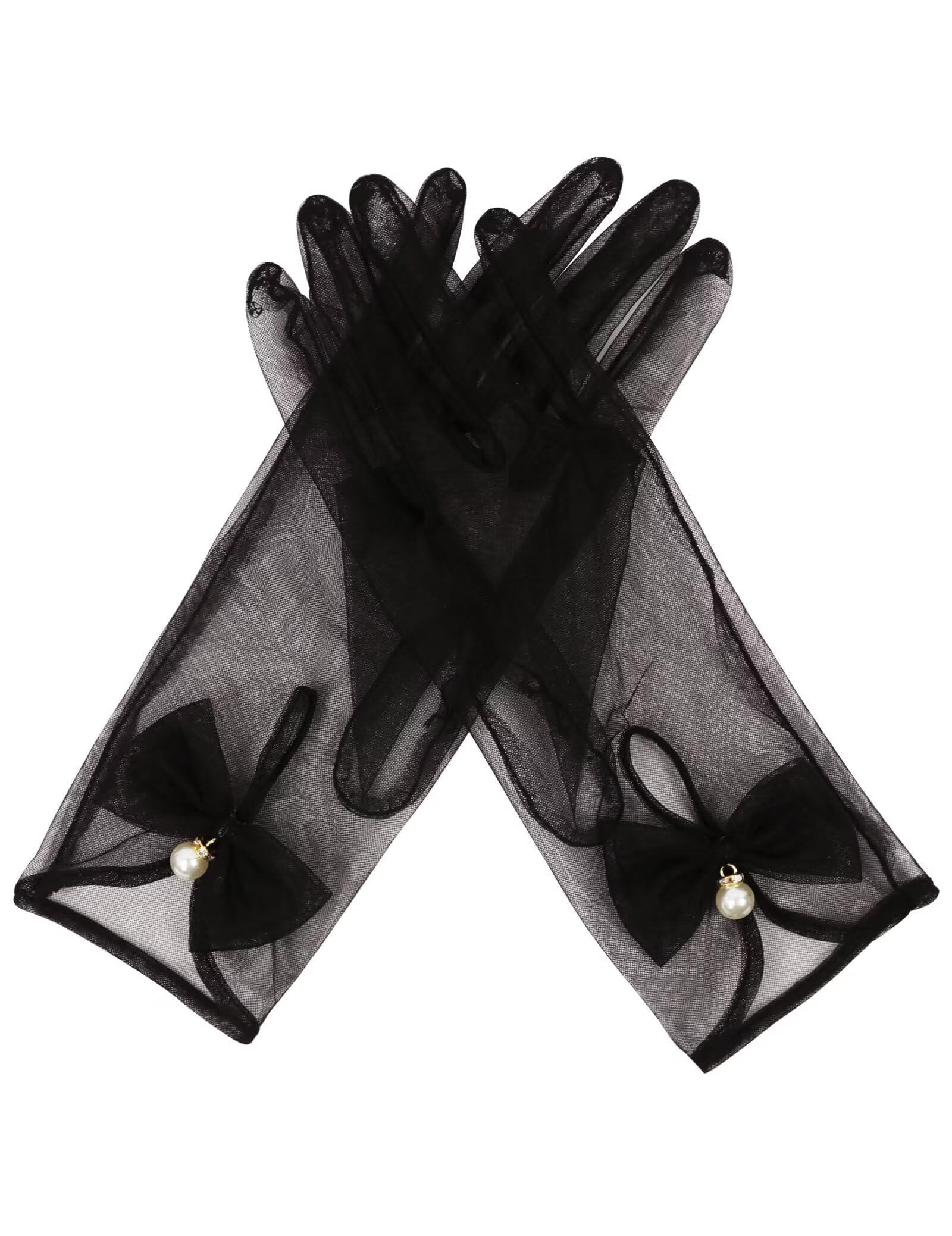 QRBTSCL Womens Bow Tea Party Gloves Sheer Gloves Elegant Mesh Short Gloves Wedding Bridesmaids Prom Evening Opera Gloves Black