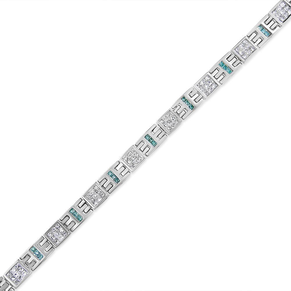 14K White Gold Princess-Cut white and Blue Diamond 3.00 cttw Fashion Link Bracelet (H-I Color, SI1-SI2 Clarity)