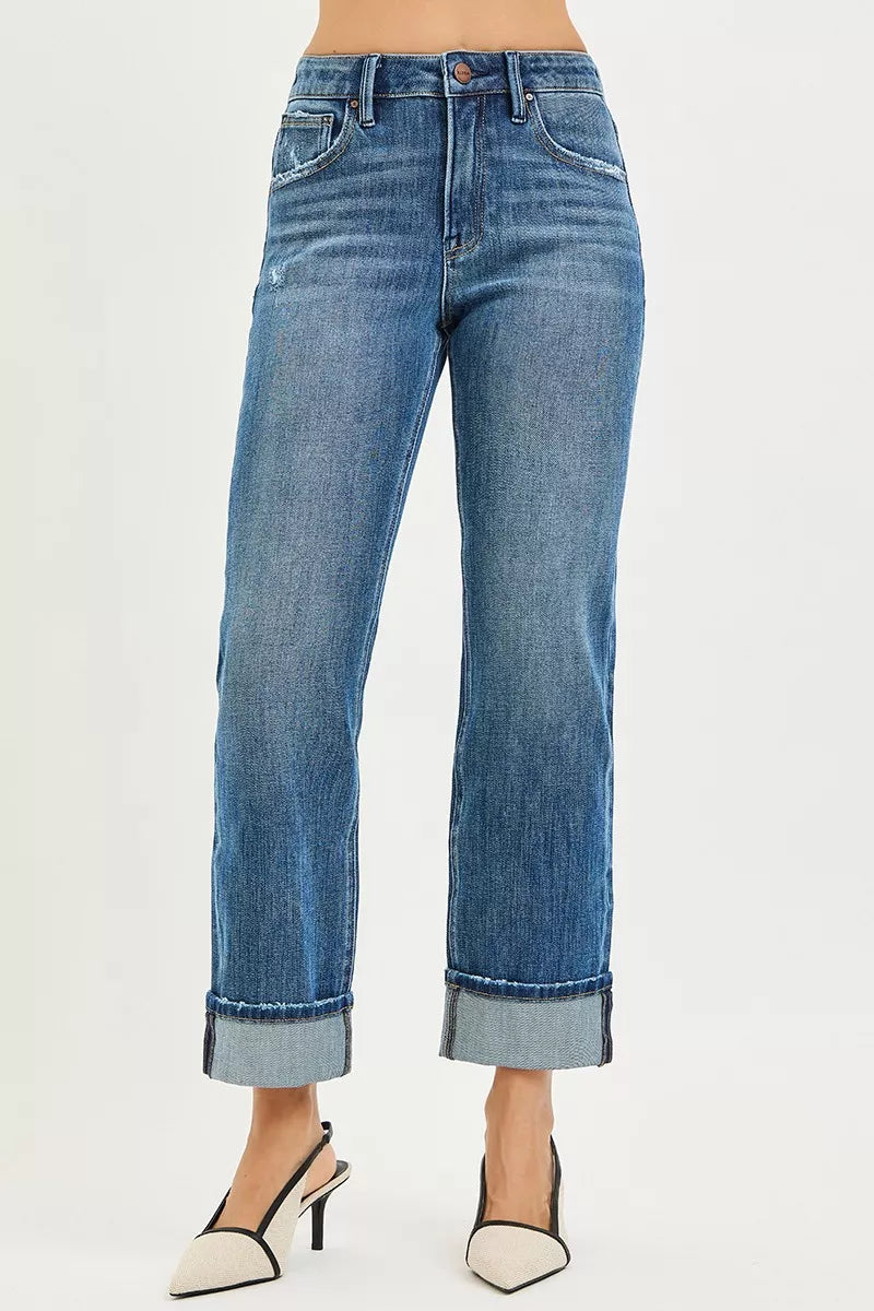 RISEN Full Size 4 Way Stretch Slouchy Straight Jeans with Cuffed Hem Plus Size