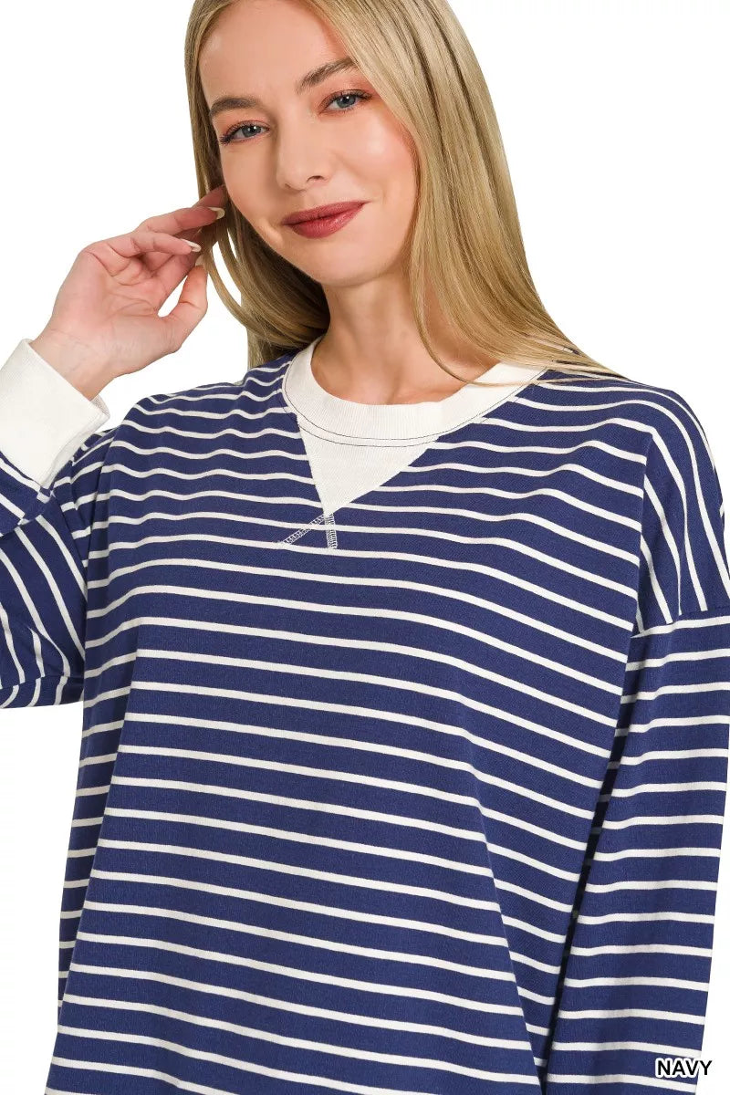 Zenana Contrast Striped Round Neck Sweatshirt