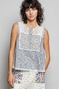 POL Printed Woven Lace Back Round Neck Sleeveless Top