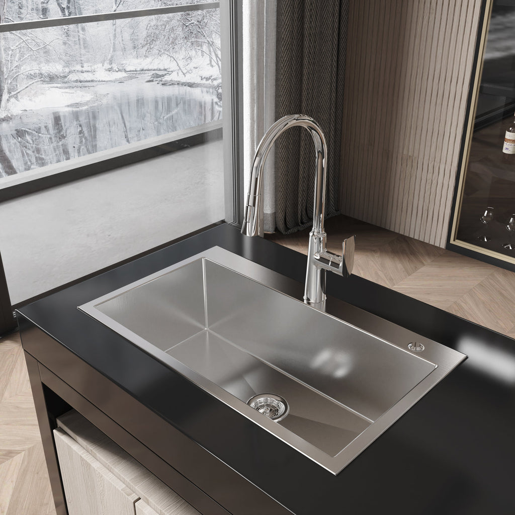 Stainless Steel Kitchen Sink, 32″x19″ Single Bowl, Overmount Handmade Sink in Brushed Nickel, with US Standard Drain and Hook, LS-SSBR02