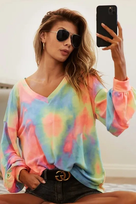 BiBi Tie Dye French Terry V Neck Top