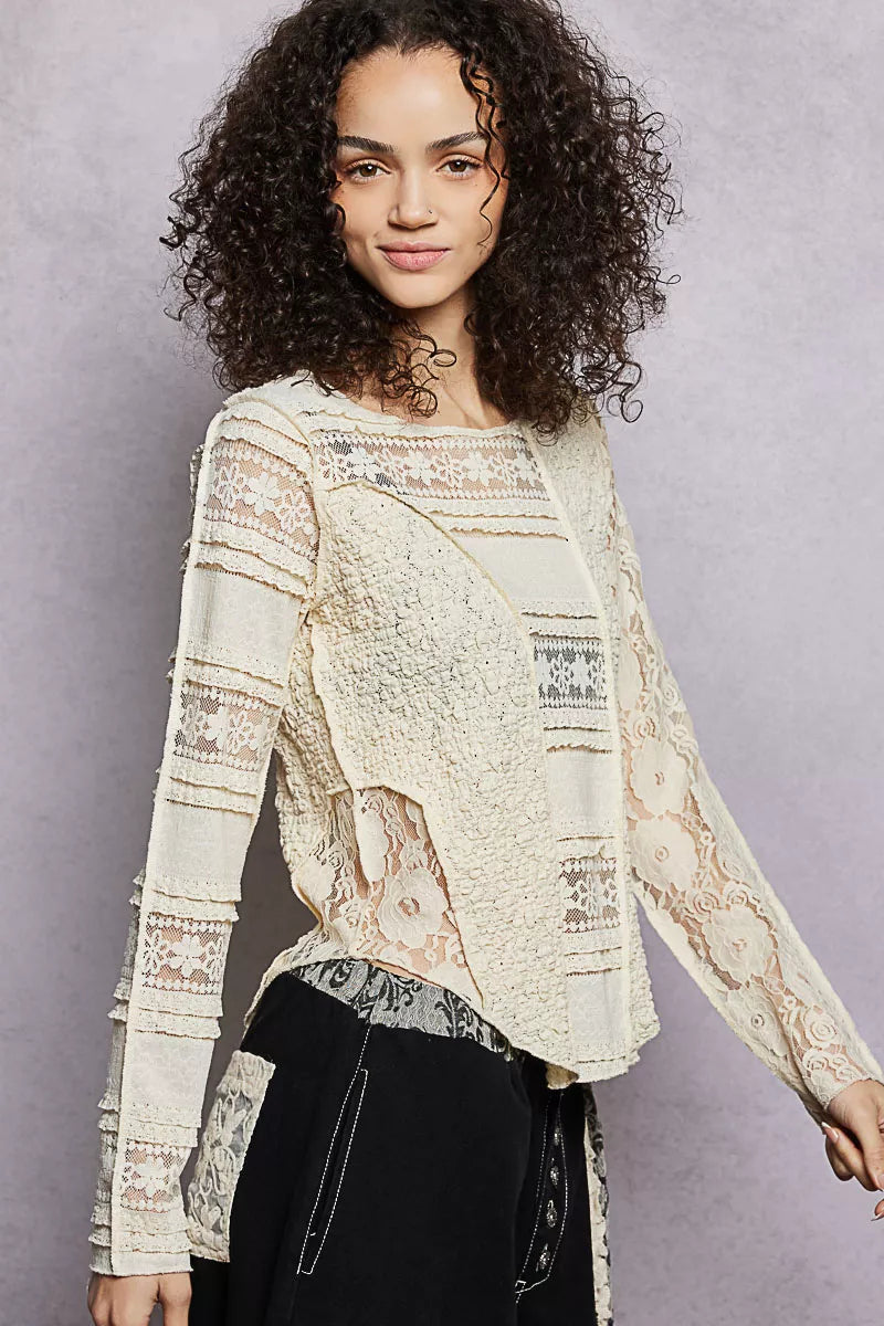POL Round Neck Long Sleeve Exposed Seam Top with Lace Detail