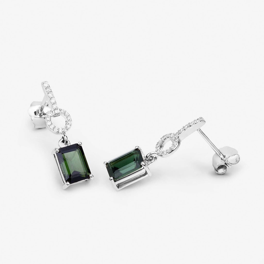 2.28 Carat Genuine Green Tourmaline and White Diamond 14K White Gold Earrings