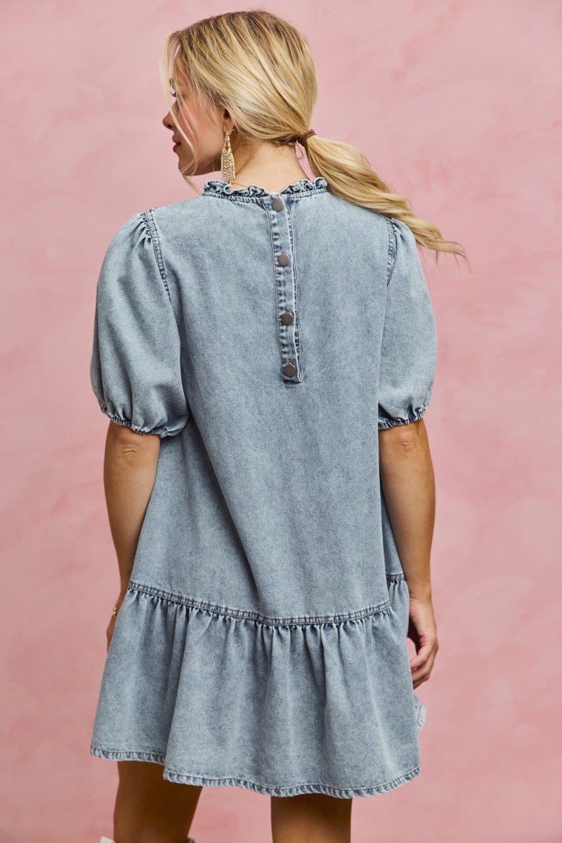 SO ME Denim Short Sleeves Mini Tiered Dress