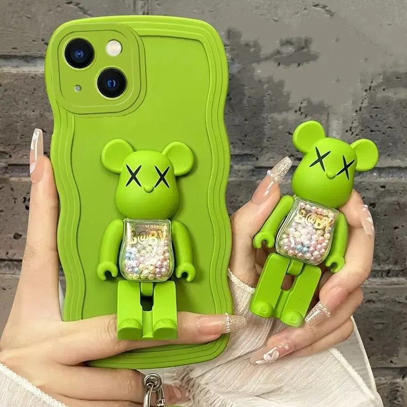 Wave Edge Phone Case with 3D Bear Bracket for iPhone