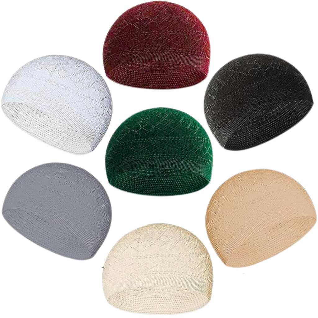 7X Islamic Muslim Kufi Hats for Men - 100% Cotton Prayer Hats Crochet Taqiyah Takke Skull Caps for Men Breathable Handmade Cufi Beanie Muslim Clothing