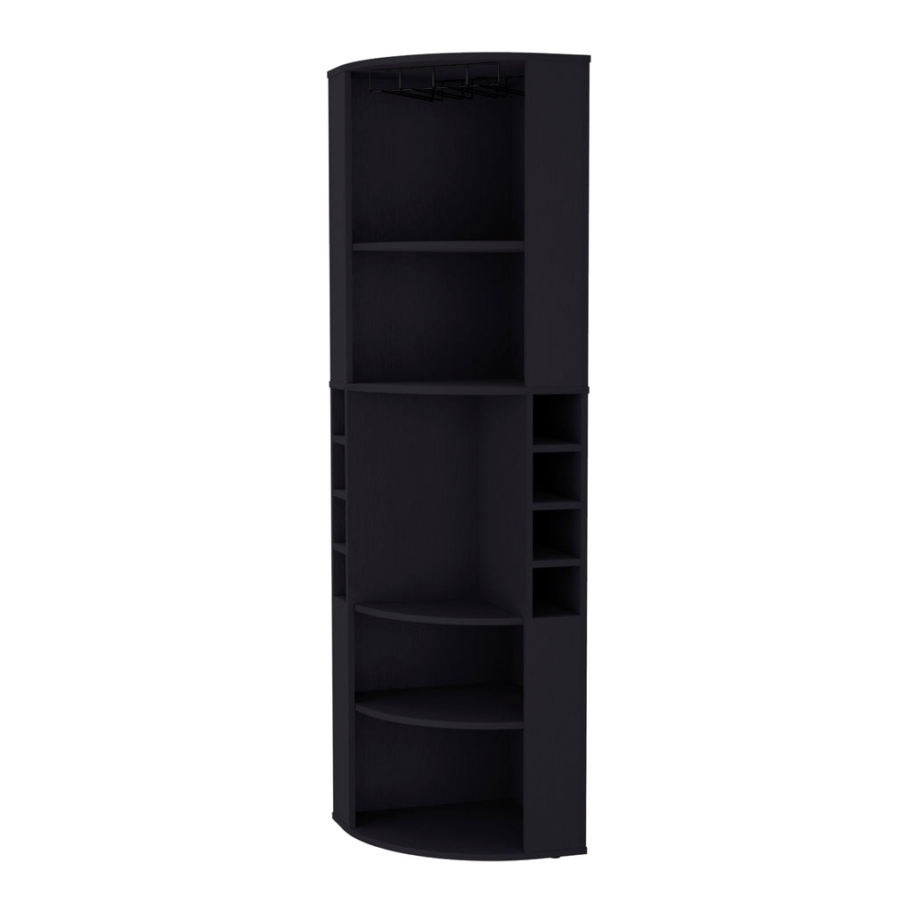 FM FURNITURE Clifton Corner Bar Cabinet, with 5 shelves,Cup Hanger and Eight Built-in Wine Rack, Black