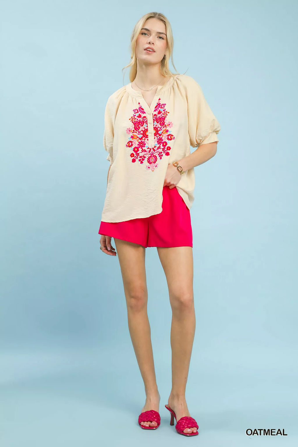 Umgee Embroidered Puff Sleeve Blouse
